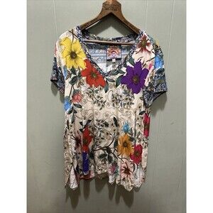 JOHNNY WAS ARCHIBAL DRAPE BAMBOO BLEND V-NECK A-LINE BLOUSE SIZE MED